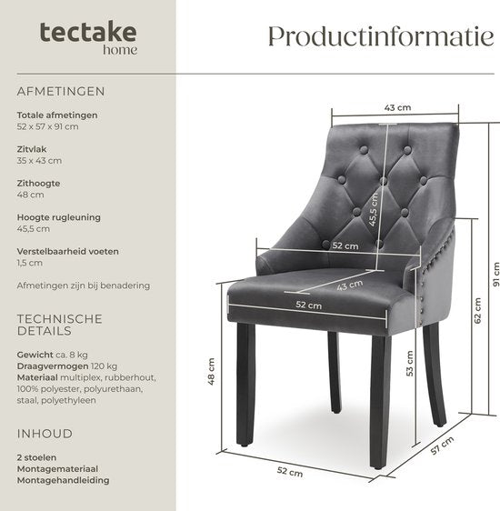 tectake 2 Eetkamerstoelen Set – Fluweellook & Armleuningen – Draagvermogen 120 kg – 52 x 57 x 91 cm – Donkergrijs/Zwart