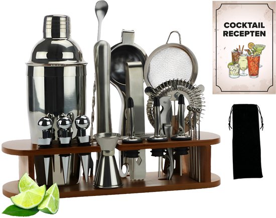 KitchenBrothers Cocktail Set - 25 delig - Inclusief Cocktail Shaker (750ml) - Compleet voor Cocktailbar - Donkerbruin/Bamboe - Cocktailset - BPA-Vrij - Met Receptenboekje - Cadeauverpakking