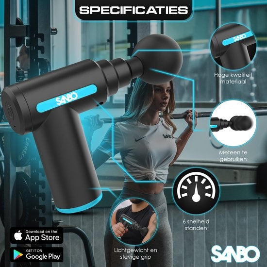 Sanbo Massage Gun Mini - Sport en Relax Massage apparaat - Krachtig - Draadloos - Inclusief Koffer - Met 5 opzetstukken - Zwart/Blauw - Massage Pistool Professioneel