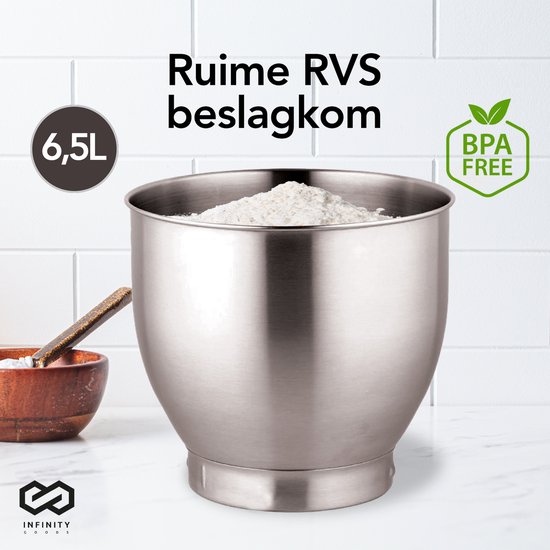 Infinity Goods Keukenmachine - Keukenmixer - 6,5L RVS Mengkom - Keukenrobot - Foodprocessor - Met Accessoires - 1600W - Zwart
