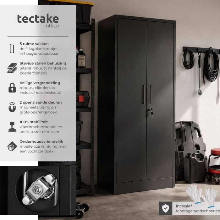 tectake Archiefkast Brandon – Gepoedercoat Staal – 60x40x180,5 cm – Zwart