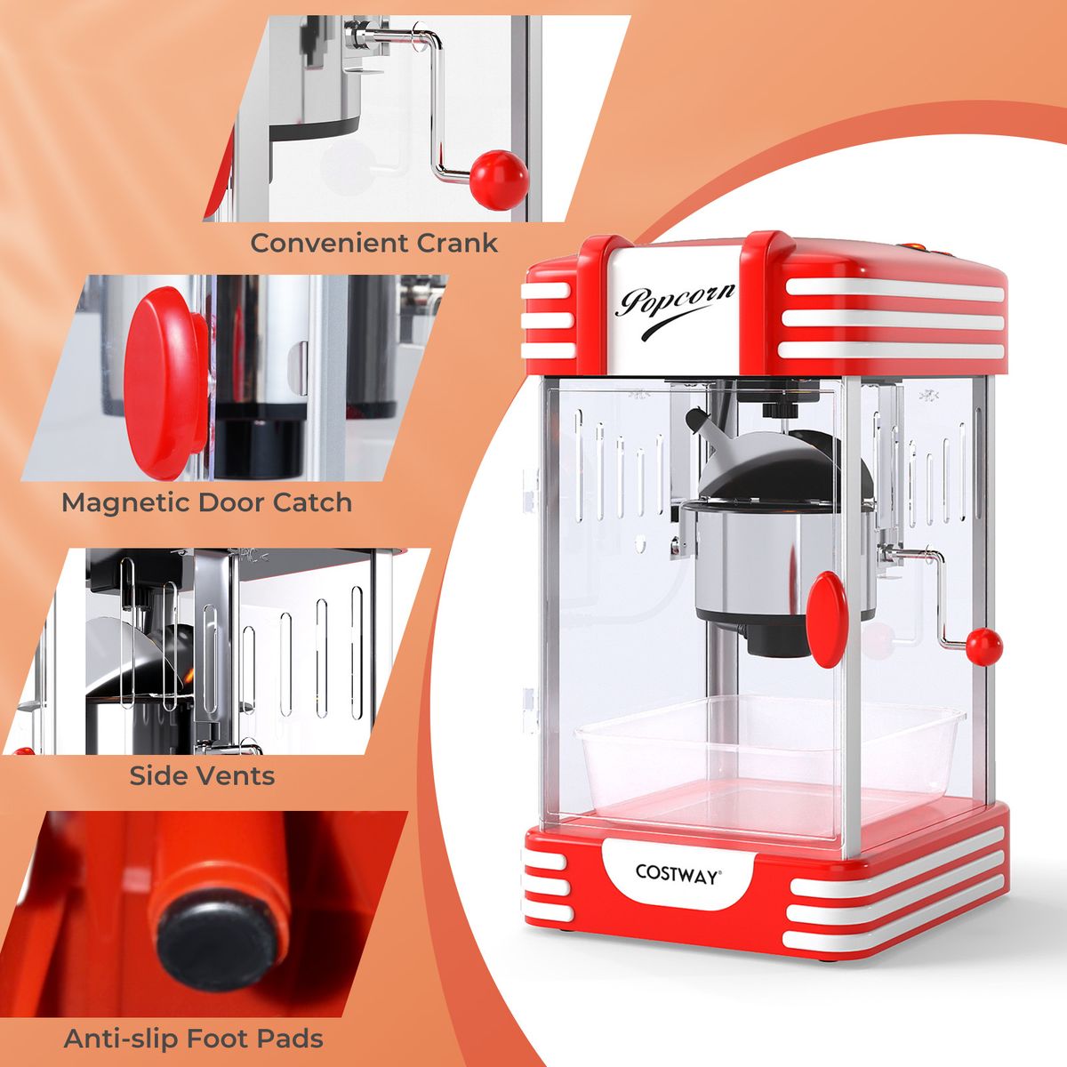 Coast Popcornmachine - retro bioscoopstijl - warmhoudlamp - handmatige bediening - rood/wit
