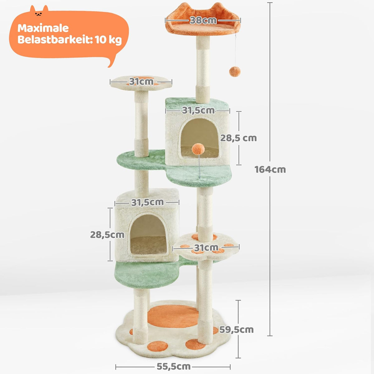 Yaheetech Krabpaal met pootdesign en kattenhuisjes - 59,5 x 55,5 x 164 cm - Beige/groen