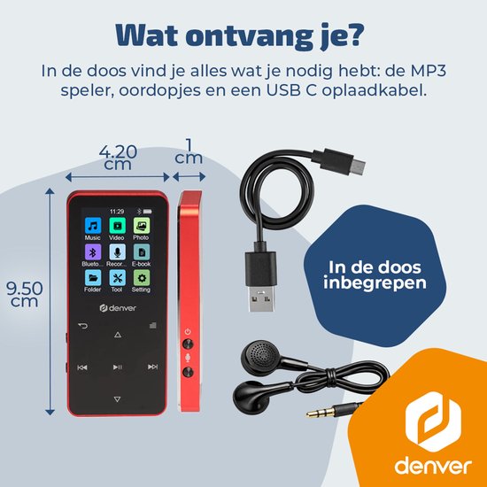 Denver MP3/MP4 Speler - Bluetooth - Shuffle/Herhalen - SD kaart tot 128GB - Incl. oordopjes - Dictafoon - MP1830R - Rood