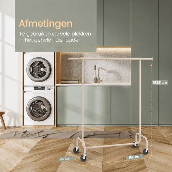 O'DADDY® Kledingrek - Kledingrek op Wieltjes - Kledingrek metaal - Kleding rek - Kledingrekken - Garderoberek - Kledingstang - Kledingrek - Uitschuifbare Kledingstang - Verstelbare Hangstang - Stabiel tot 130 kg - Beige