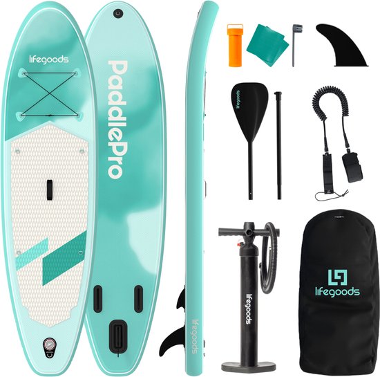 LifeGoods SUP Board Allround Compact - 100 KG Draagkracht - 300 x 76 cm - Opblaasbaar - Compleet SUP pakket - Mintgroen