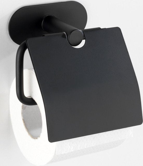 WENKO Turbo-Loc® Toiletrolhouder met klep Orea RVS zwart mat - Toiletpapier houder - WC Rolhouder - Bevestigen zonder boren - Zelfklevend - 10 jaar garantie