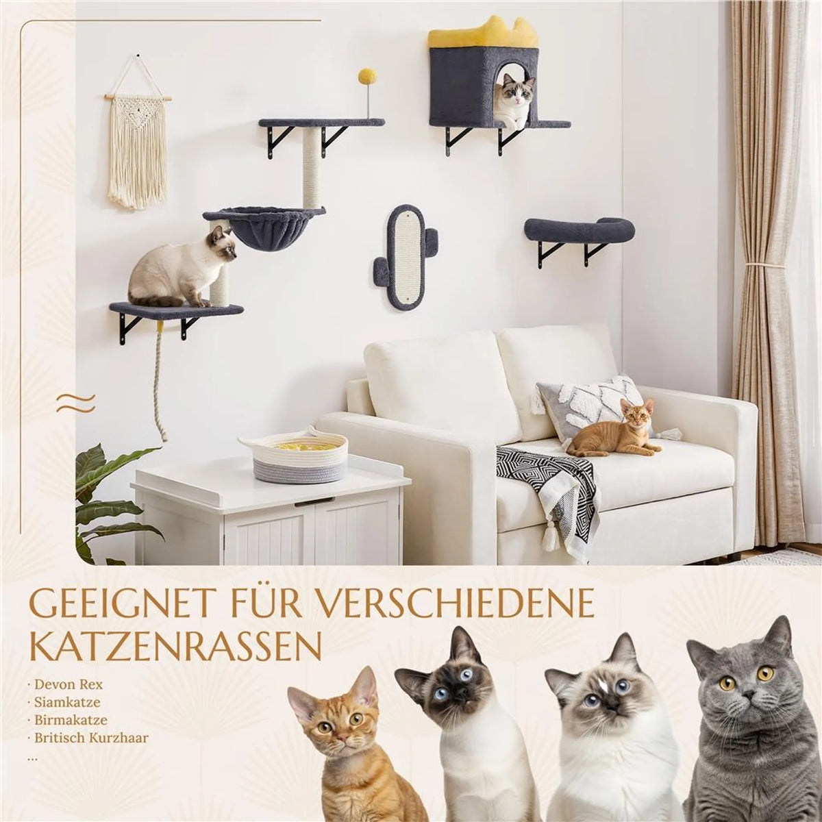 Yaheetech Kattenmeubels Voor Wandmontage Set – 49 x 30 x 40 cm – Voorzien Van Kattenhol En Ligmand En Sisal Krabpalen En Meerdere Platforms – Voor 1-5 Katten – Donkergrijs Pluche En Metaal