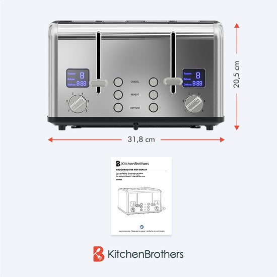 KitchenBrothers Broodrooster - Toaster - 6 Warmteniveaus - 4 Extra Brede Sleuven - 1630W - RVS/Zilver