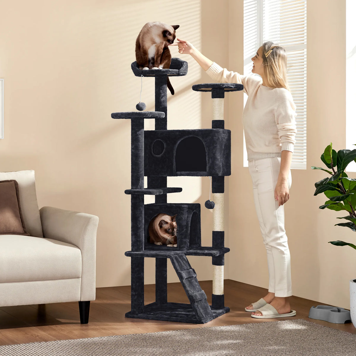 Yaheetech Krabpaal met 2 Grotten - 158 cm hoog - 49 x 49 cm - Zwart
