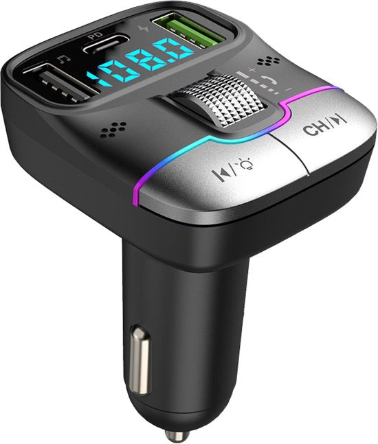 Audyn Bluetooth FM Transmitter - USB-A & USB-C - Bluetooth-ontvanger - Snellader - Autolader - Carkit - Auto Accessoires - RGB