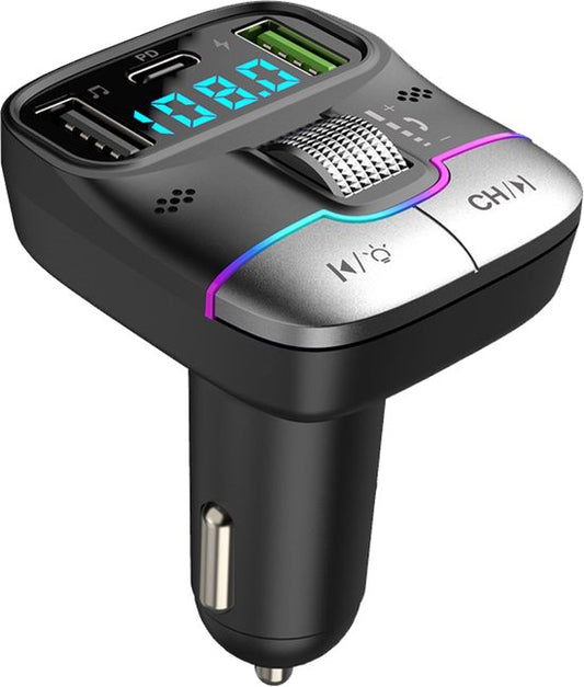 Audyn Bluetooth FM Transmitter - USB-A & USB-C - Bluetooth-ontvanger - Snellader - Autolader - Carkit - Auto Accessoires - RGB