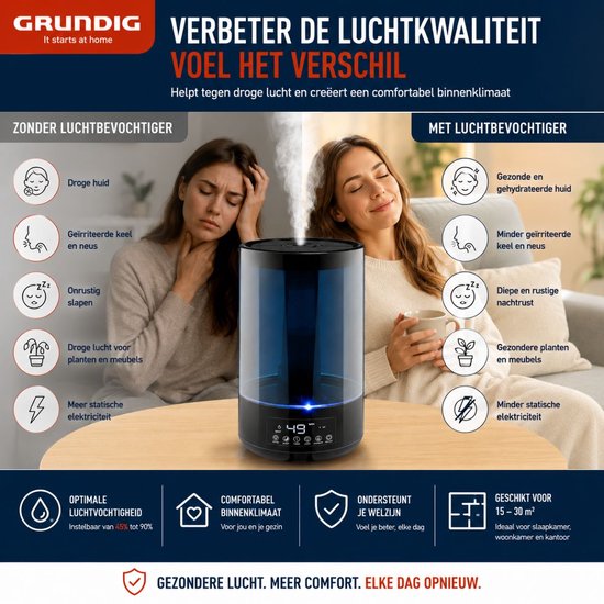 Grundig Luchtbevochtiger HD-1903A - Ultrasone Lucht Bevochtiger 4,3L - met Timer en Nachtlamp - Incl. Afstandsbediening - Zwart