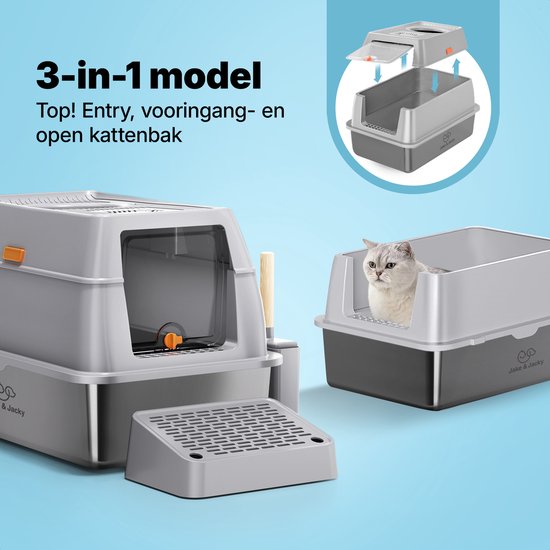 Jake en Jacky RVS Kattenbak Hop In - Kattentoilet Roestvrijstaal - Incl. Kattenbakschep met Houder en Gritopvang Opstapje - Top Entry - 3 in 1 Open Kattenbak met Afneembare Deksel - 60x40x38cm - Grijs