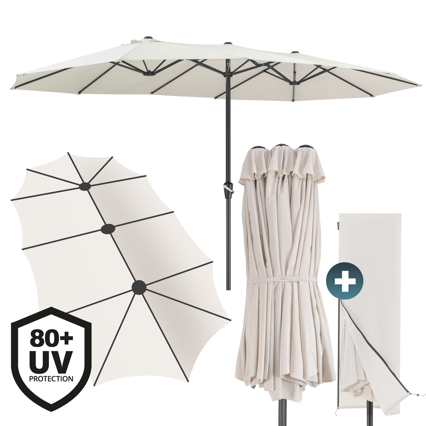 Kingsleeve Dubbele Parasol XXL – Voorzien Van UV Bescherming 80 Plus En Drie Windopeningen En Kleurgecoördineerde Beschermhoes – Voor Tuin En Terras – Crème Polyester En Gepoedercoat Staal – 460 x 270 x 240 cm