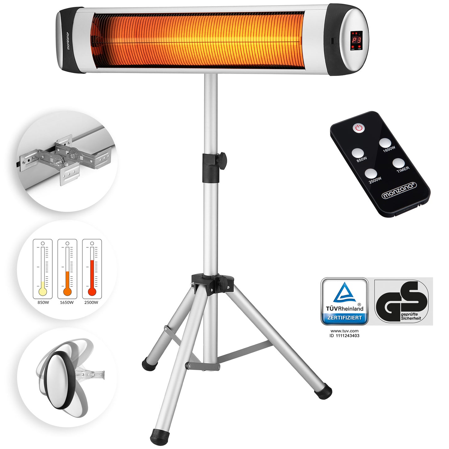 Monzana Infraroodstraler 2500W - 3 Standen - Statief Zilver