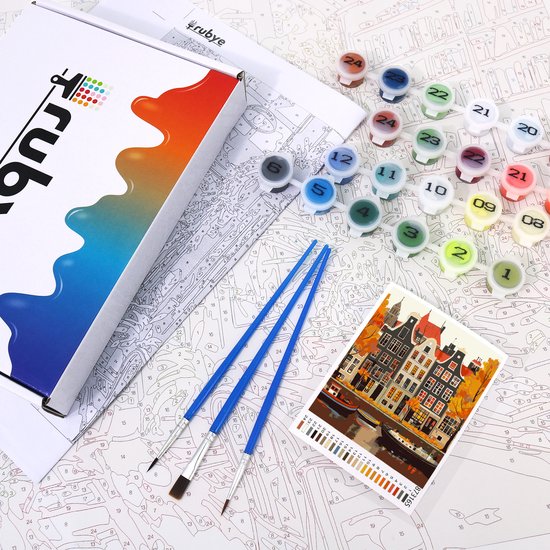 Rubye® Schilderen Op Nummer Volwassenen – Grachtenpand – Inclusief Verf en Penselen – Canvas Schildersdoek - Kleuren op Nummer - 40x50cm