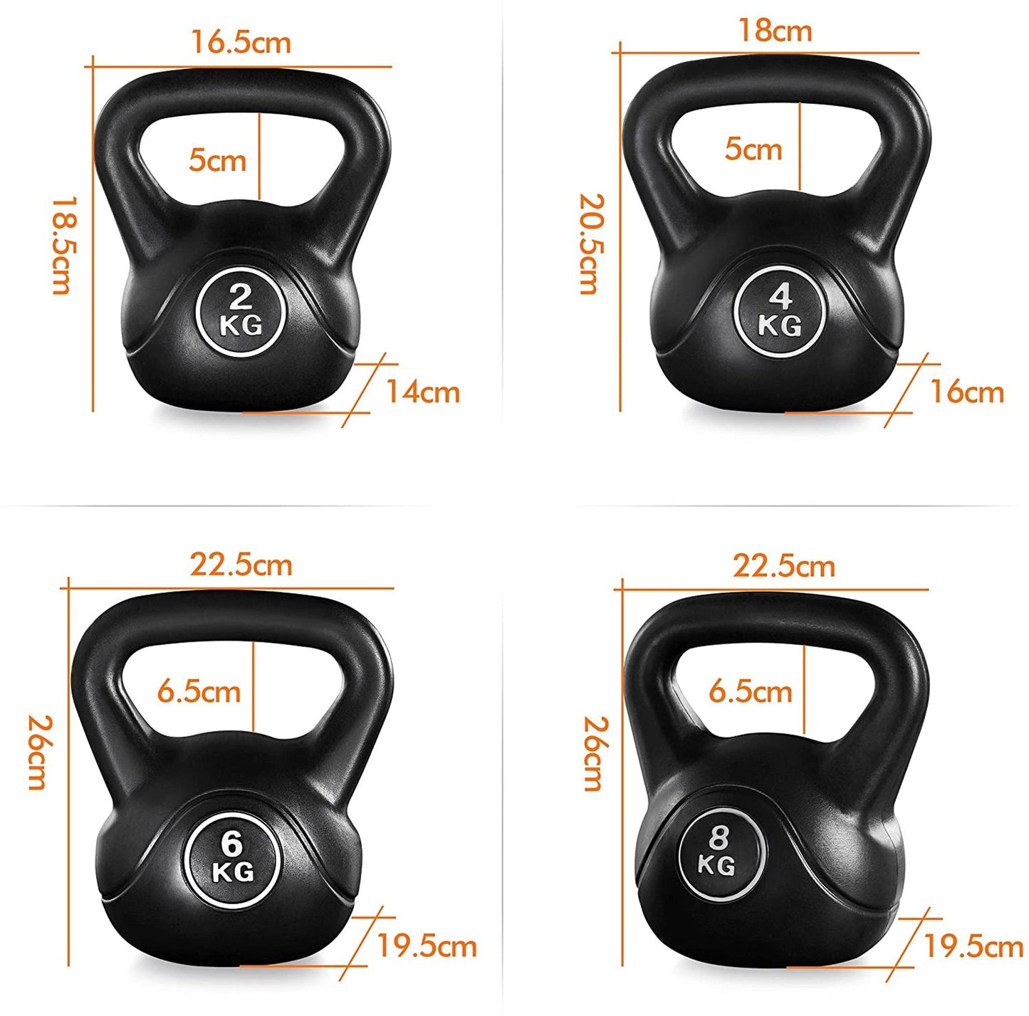 Yaheetech Kettlebell Set 2 kg, 4 kg, 6 kg & 8 kg - Zwart - Kunststof met Beton - 16,5 x 14 x 18,5 cm tot 22,5 x 19,5 x 26 cm