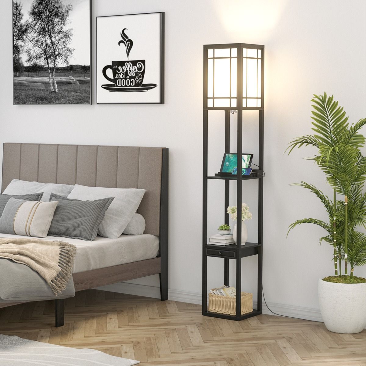 Coast Staande Vloerlamp met 3 Open Vakken - 2 USB-Poorten - 26 x 26 x 161 cm - Zwart