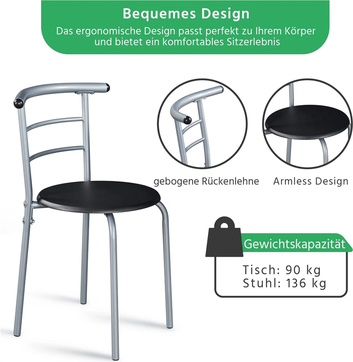 Yaheetech Eethoek Set Van 3 – Voorzien Van Tafel Met 2 Stoelen En Verstelbare Opbergplank En Waterafstotende Coating – Voor Keuken En Eetkamer – Zwart Metaal En MDF – 80 x 53 x 73,5 cm