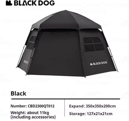 Black Dog Dome Tent - Hoogwaardige kampeertent voor 6-8 personen - Hexagonaal automatisch - Draagbare familietent - Opvouwbaar vinyl - Bescherming tegen zon en regen - Zwart
