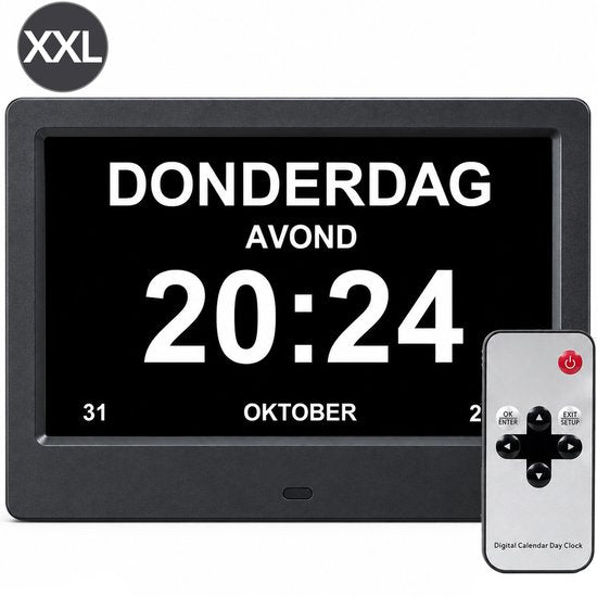 Brixy Dementieklok XXL - 24 Alarmfuncties - Incl. Afstandsbediening - Automatische Dimfunctie - Kalenderklok - Zwart