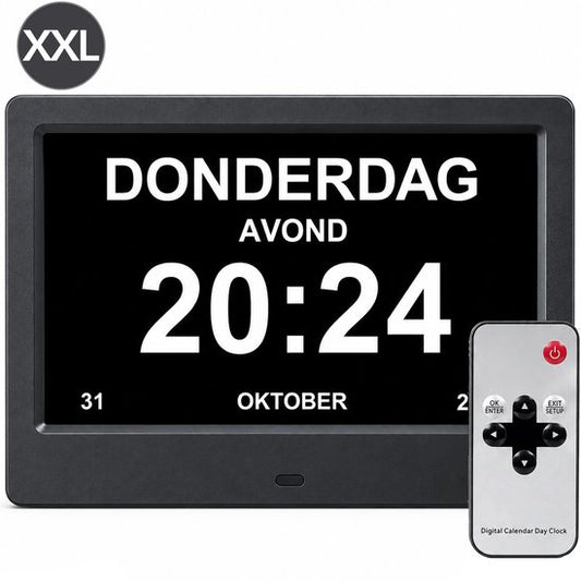 Brixy Dementieklok XXL - 24 Alarmfuncties - Incl. Afstandsbediening - Automatische Dimfunctie - Kalenderklok - Zwart