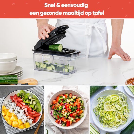 Stosh Mandoline - Groentesnijder - Uiensnijder - Spiraalsnijder - Frietsnijder - Rasp - 6-delig - Zwart - RVS - BPA vrij