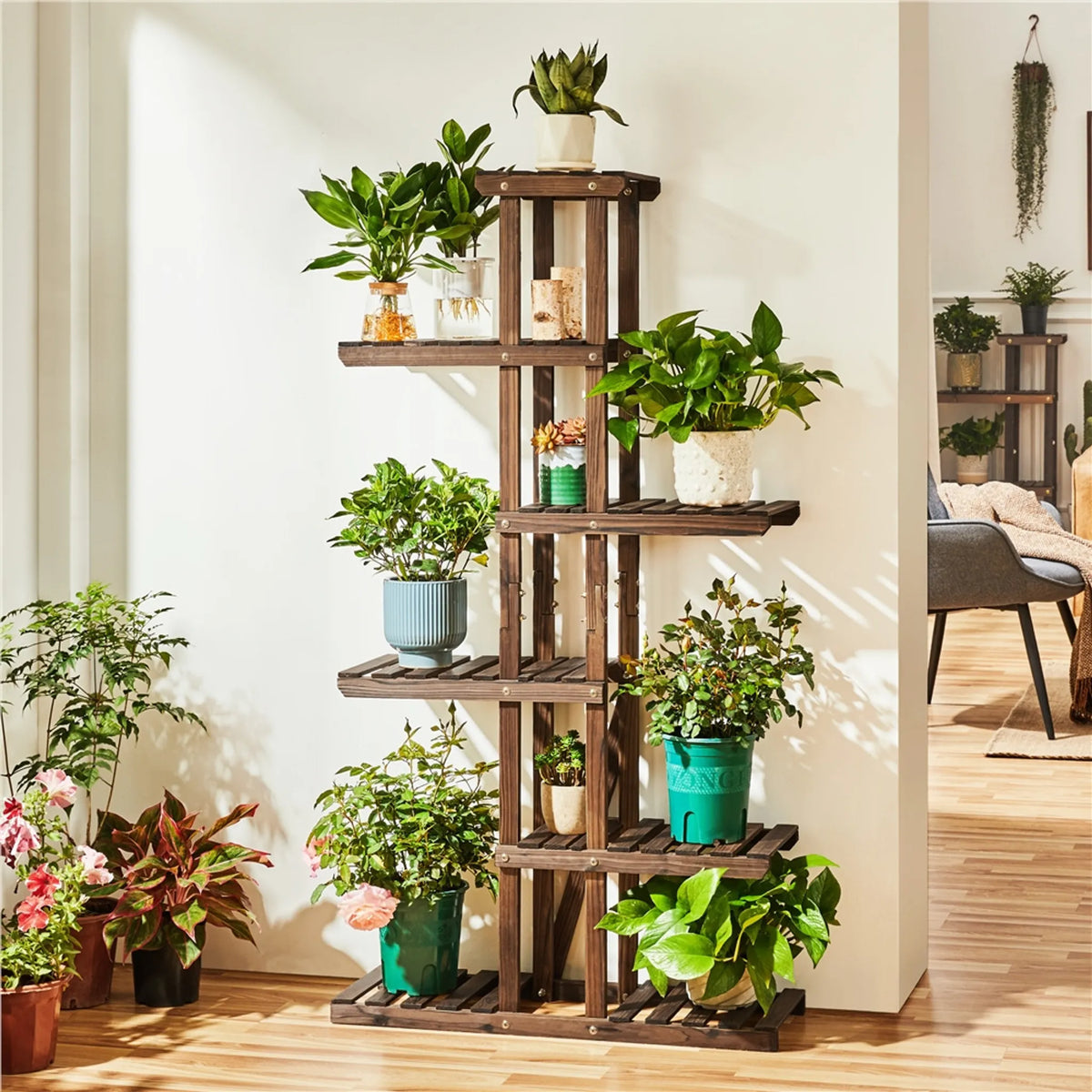 Yaheetech 6-Laags Plantenrek Voor Binnen En Buiten 140 cm Hoog – Bruin – Vurenhout En Metaal