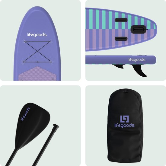 LifeGoods SUP Board Allround Compact - met Zitje - 100 KG Draagkracht - 300 x 76 cm - Opblaasbaar - Compleet SUP pakket - Paars