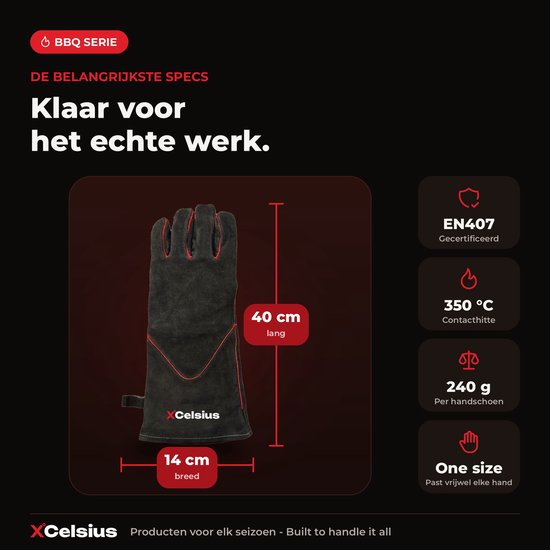 XCelsius® BBQ Handschoenen Splitleer – TÜV Gecertificeerd EN407 – Hittebestendige Barbecue Handschoenen en Ovenhandschoenen – Voor Kamado, Gietijzer, Roosters en Heat Deflectors – Cadeaus voor Mannen – 1 Paar – Zwart met Rood