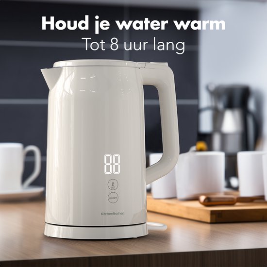 KitchenBrothers Waterkoker - 1.7L - Met Temperatuurregeling - Elektrisch - Warmhoudfunctie - Display - Dubbelwandig - Cool-touch - 2200W - Beige