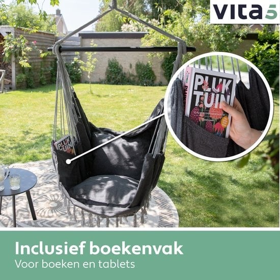 Vita5 XXL Hangstoel | Binnen&Buiten Hangnest | Incl. 2 Kussens en Boekenvak | Volwassenen&Kinderen | Hangmatstoel tot 200kg | Donkergrijs