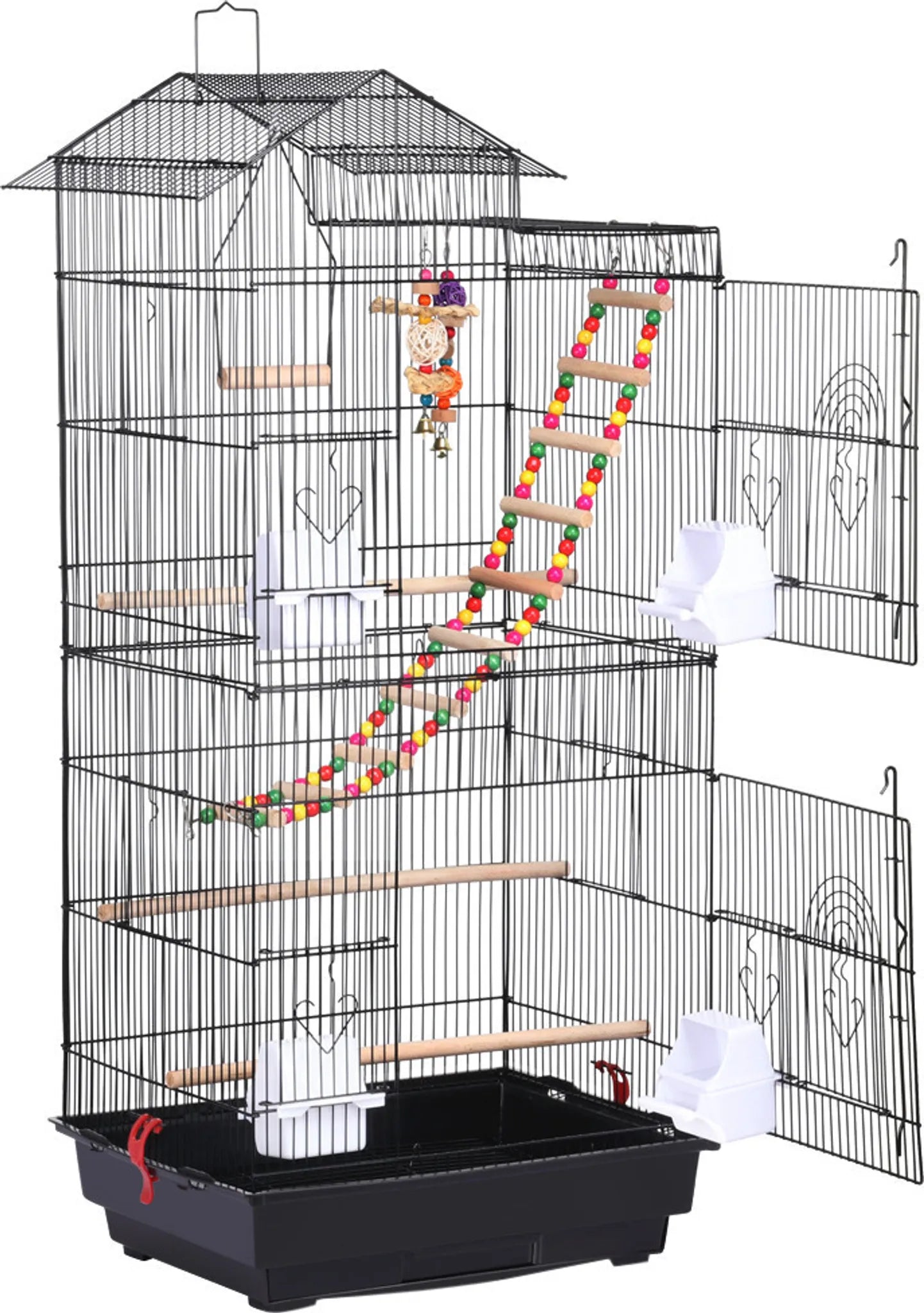 Yaheetech Vogelkooi Met Speeltuin – 46 x 35,5 x 99 cm – Voorzien Van Uitneembare Bodemplaat En Draadsloten En Complete Accessoireset – Voor Parkieten En Kanaries – Zwart Metaal En Hout