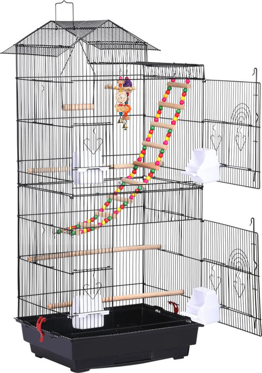 Yaheetech Vogelkooi Met Speeltuin – 46 x 35,5 x 99 cm – Voorzien Van Uitneembare Bodemplaat En Draadsloten En Complete Accessoireset – Voor Parkieten En Kanaries – Zwart Metaal En Hout