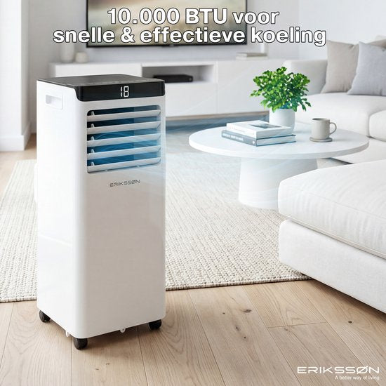 Erikssøn Mobiele Airco - 10.000 BTU - Incl. Raamafdichtingskit - Tot 30m² - 4-in-1 - Airconditioning - Ventilator - Ontvochtiger - Wit