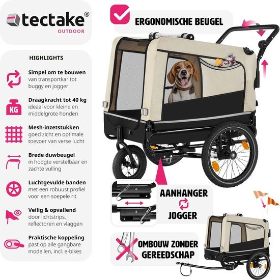 tectake® - Hondenkar WoofRider fietskar - beige - inklapbaar, tot 40 kg - hondenbuggy hondenwagen - 404945