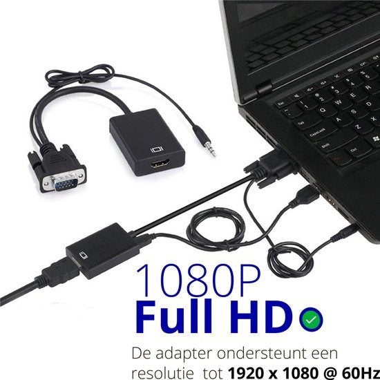 Techvavo® VGA (+ Audio) naar HDMI Adapter Converter Universeel - Met 3.5MM Jack Aux & USB Voeding Kabel - Analoog Naar Digitaal Video Omvormer - Male To Female - 1080P Full HD - inclusief USB voedingskabel