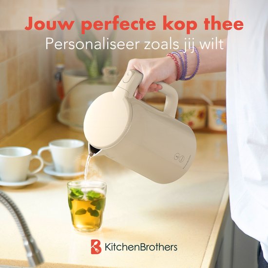 KitchenBrothers Waterkoker - 1.7L - Met Temperatuurregeling - Elektrisch - Warmhoudfunctie - Display - Dubbelwandig - Cool-touch - 2200W - Beige