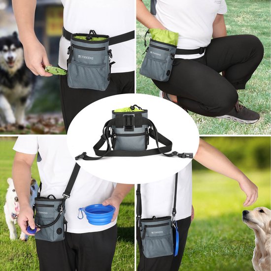 Tikkens Beloningstasje voor Honden - Met Clicker en Opvouwbare Voederbak - Waterdicht en Wasbaar - 25 x 15 x 3 cm - Grijs