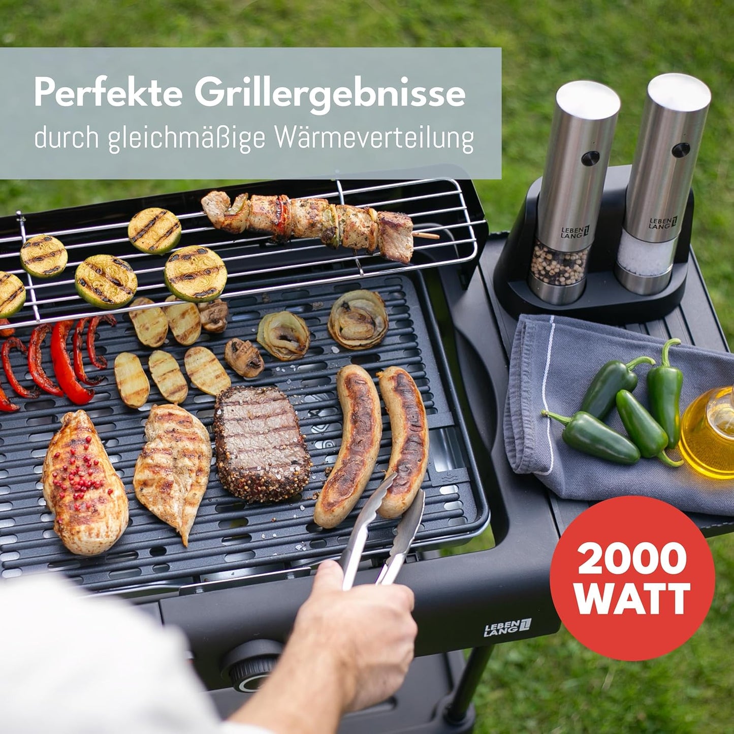 Lebenlang 2-in-1 Elektrische Grill – Tafel- en Staande Grill – 2000W – Voor Binnen en Buiten – Inclusief Grilltang – Anti-aanbaklaag