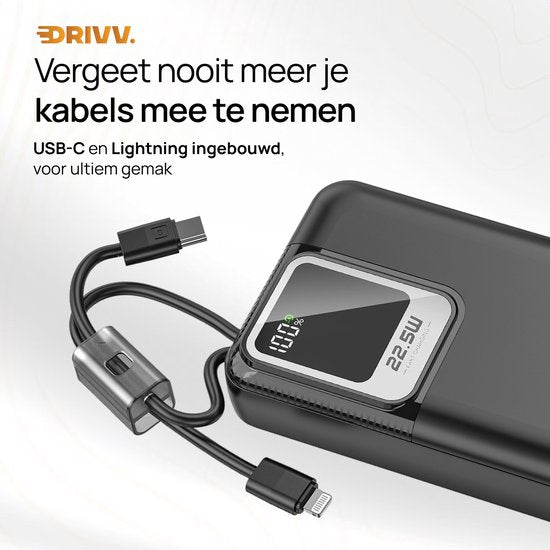 Drivv. Powerbank 20.000 mAh - Met Ingebouwde 8 pin & USB C Kabel - Inclusief 60W Oplaadkabel - 22.5W Snellaadfunctie - USB / USB C - Noodpakket