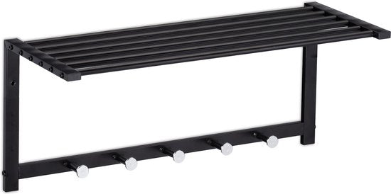 muur kapstok hangend - met plank - 5 haken - metaal - 28 x 65 x 25 cm - zwart