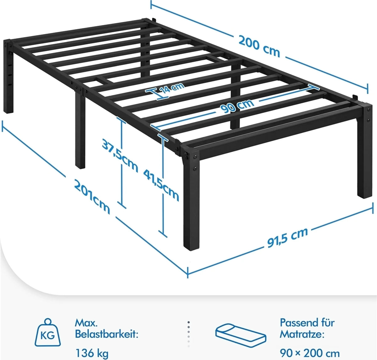 Metalen Bedframe 90 × 200 cm met Lattenbodem en 37,5 cm Opbergruimte Zwart