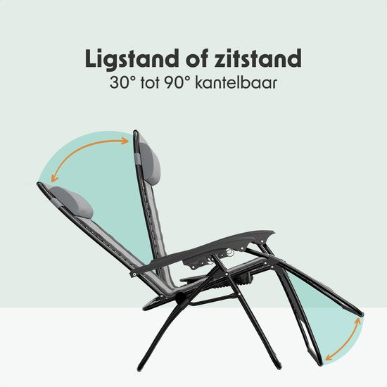 LifeGoods Ligstoelen Comfort - Opvouwbaar - 30°-90° Verstelbaar - Beker en Telefoonhouder - Tuinstoelen - Zwart/Grijs