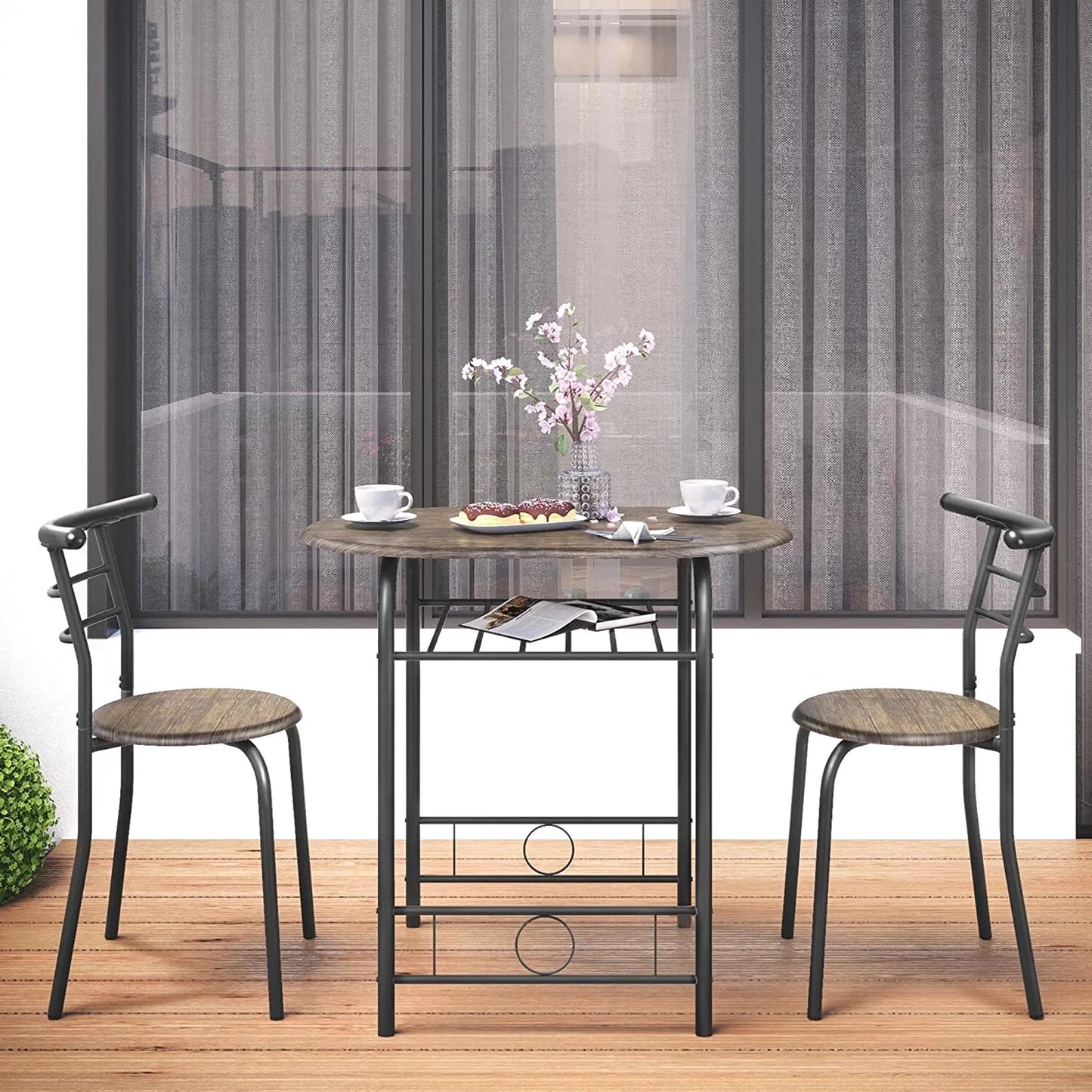 Yaheetech Eethoek Set Van 3 – Voorzien Van Tafel Met 2 Stoelen En Verstelbare Opbergplank En Waterafstotende Coating – Voor Keuken En Eetkamer – Drijfhoutbruin Metaal En MDF – 80 x 53 x 73,5 cm