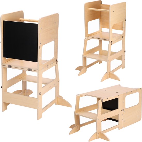 Sunny Mae Leertoren 2-in-1 – Houten Kinder Leertoren en Speelmeubel – Omkeerbaar tot Tafeltje met Stoel – Met Krijtboard – Montessori-geïnspireerd Keukenhulpje – Veilig en Educatief Speelgoed
