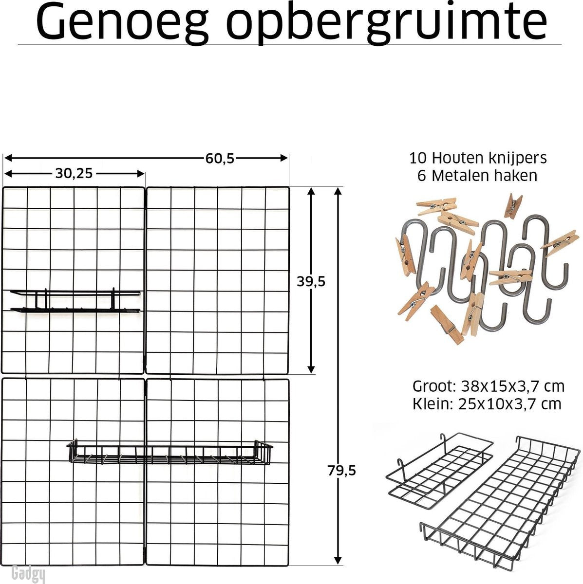 Gadgy opvouwbare wandplank in industriële stijl - zwart, met 2 planken, 6 S-haken en 10 knijpers