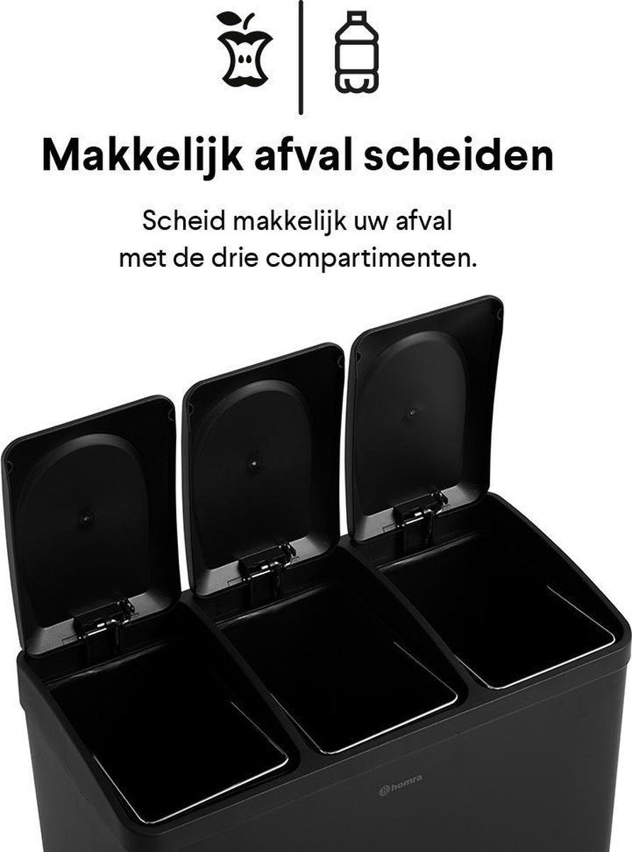 Homra Maxer Prullenbak Met 3 Vakken - 60L (3x20L) - 34 x 60.5 x 60.5 cm - Zwart
