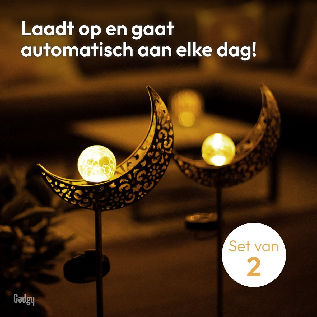 Gadgy Solar Maan Lamp met grondspies - Set van 2 st. - LED met Sensor - 88 cm hoog - Brons - Metaal